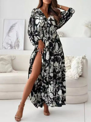 Printed V-neck Balloon Sleeve Maxi Dress in Black, front view