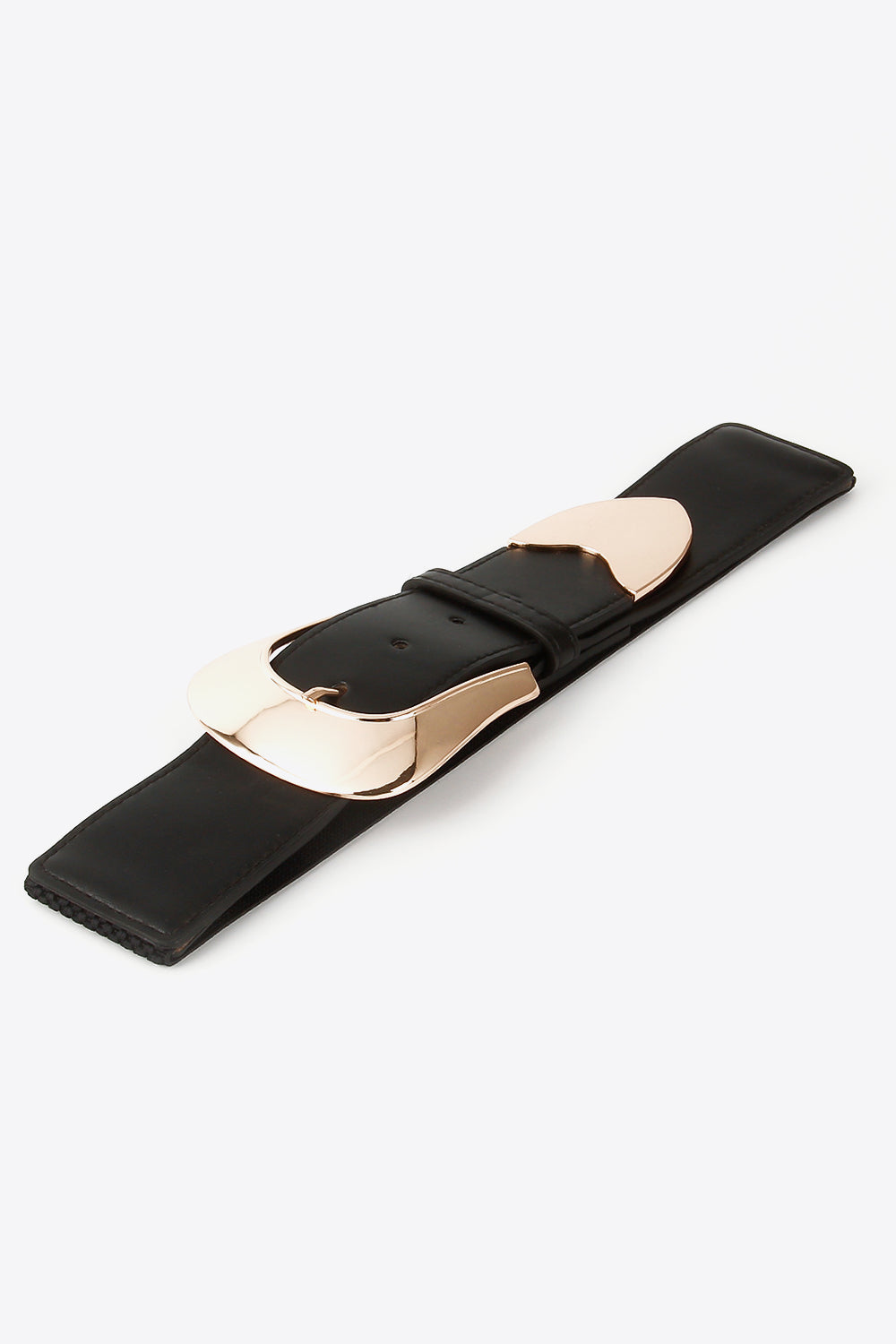 Black leather belt with sculpted gold-tone buckle detail