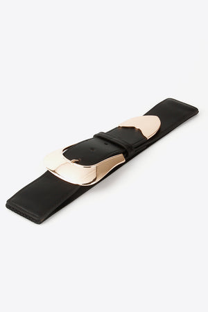 Black leather belt with sculpted gold-tone buckle detail