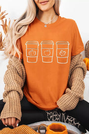 Embroidered Fall Drinks Round Neck Tee in Tangerine, model styling view