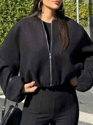 Black cropped bomber jacket with zip front and elastic hem