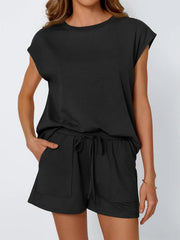 Black cap-sleeve loungewear set with drawstring shorts and pockets