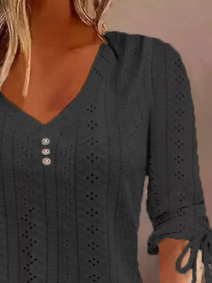 Full Size V-neck Eyelet Drawstring Sleeve Top in Pink, fabric detail