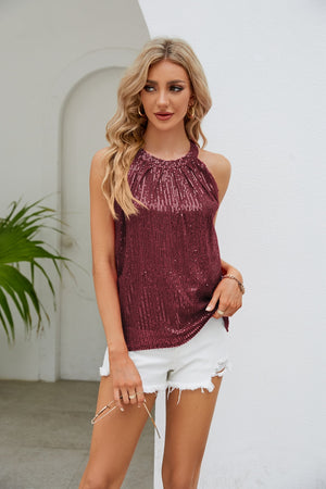 Burgundy sequin halterneck tank top with gathered neckline detail.