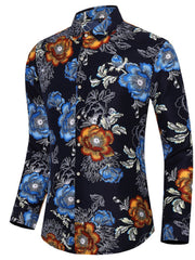 Men's plus size blue floral button-down shirt with long sleeves.