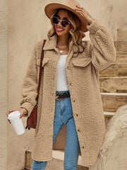Camel teddy bear shacket with oversized fit, button-down front and chest pockets.