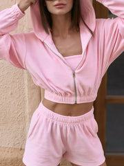 Zip Up Cropped Hoodie And Shorts Set in Pink, view 11