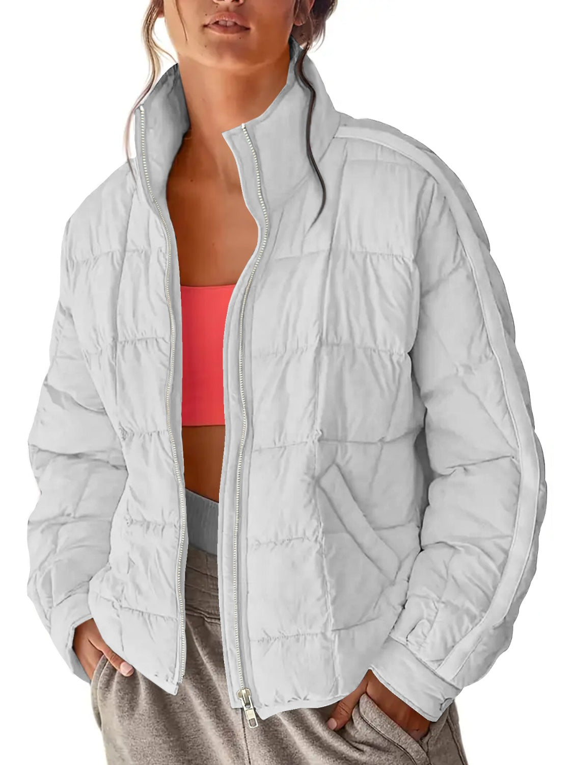 White quilted bomber jacket with stand collar and zipper closure
