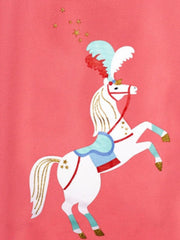 Cartoon horse t-shirt with ruffle sleeves in coral pink.