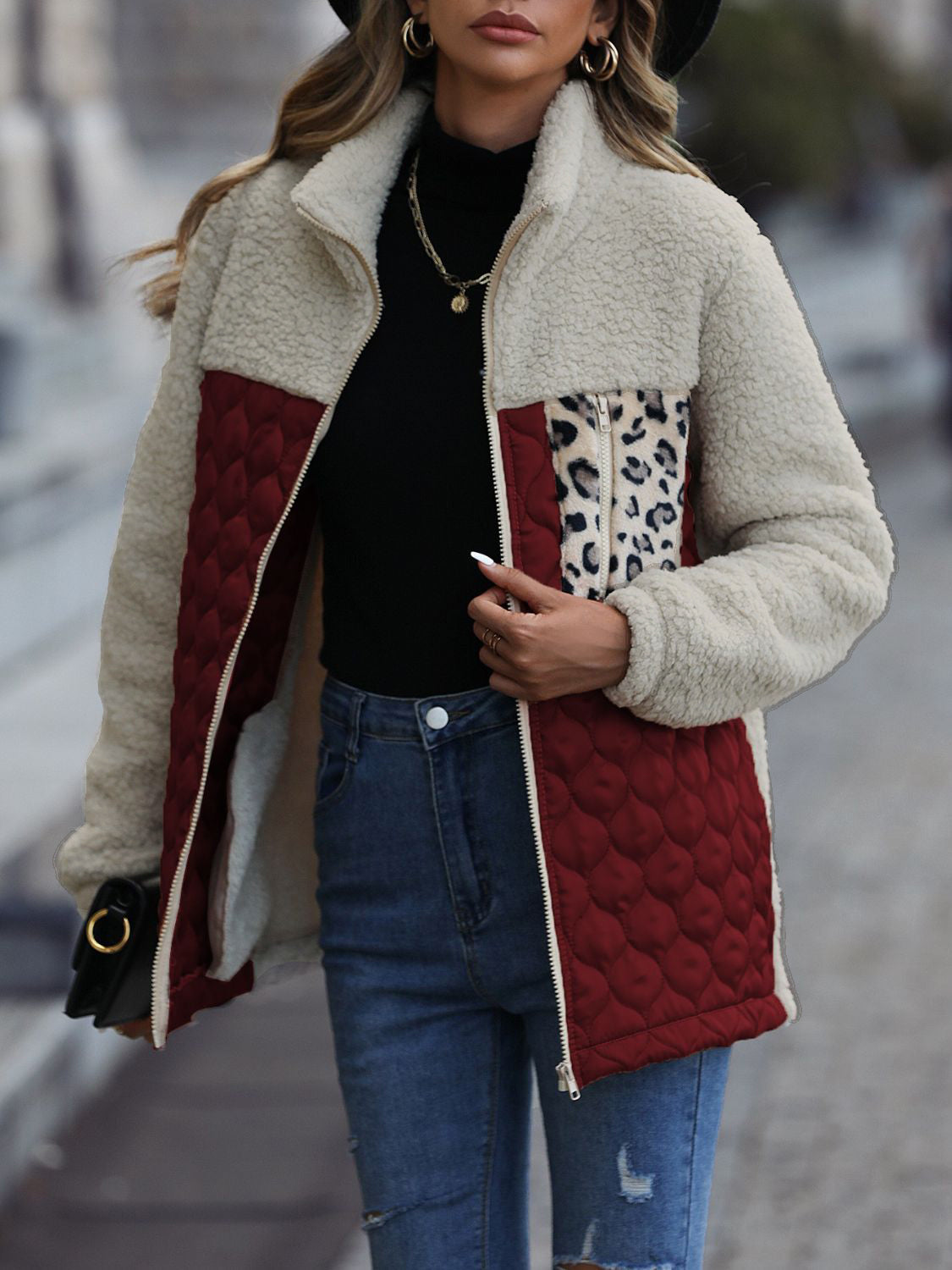 Teddy & quilted panel zip jacket in cream and burgundy with leopard print pocket detail.