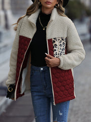 Teddy & quilted panel zip jacket in cream and burgundy with leopard print pocket detail.