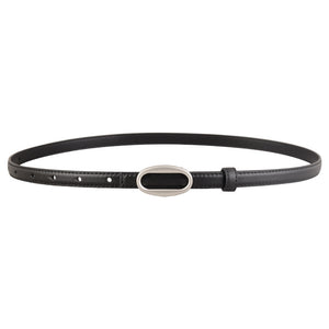 Black cowhide leather skinny belt with oval silver buckle and adjustable strap.