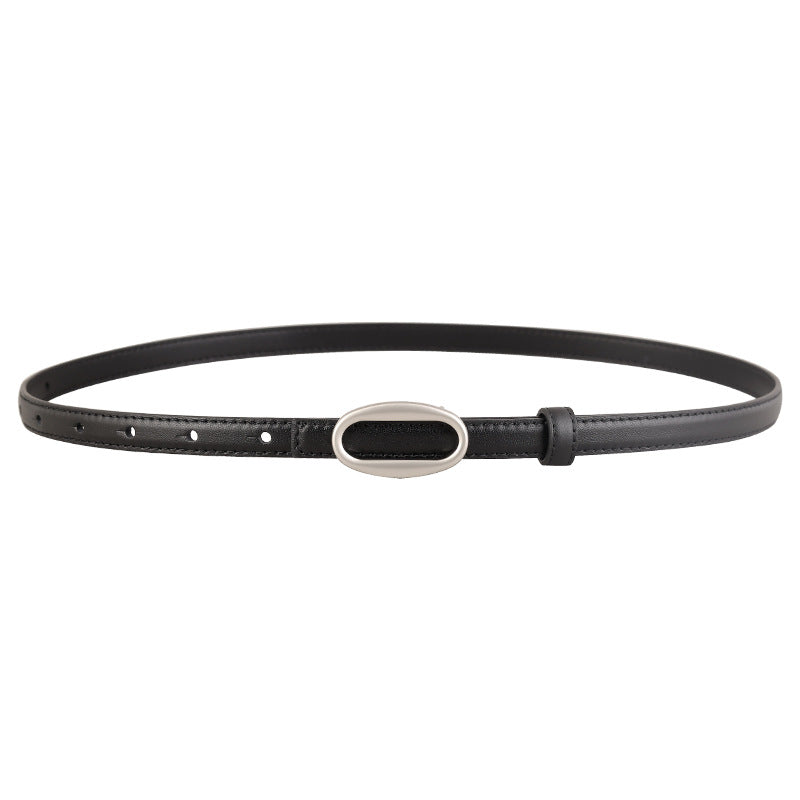 Black cowhide leather skinny belt with oval silver buckle and adjustable strap.