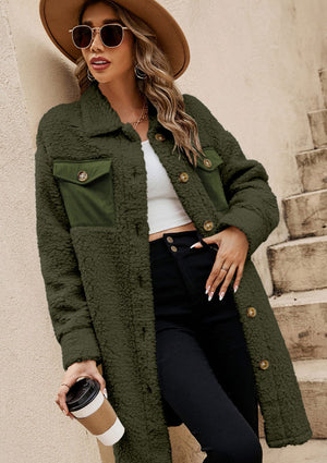 Army green sherpa coat with corduroy patch pockets and button front.