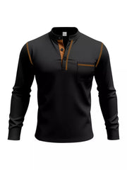 Black long sleeve Henley t-shirt with button placket, contrast trim and chest pocket.