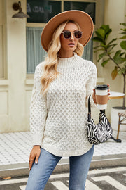 White diamond knit mock neck pullover sweater with textured acrylic fabric.