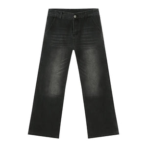 Dark wash wide leg jeans with front pockets and button fly.