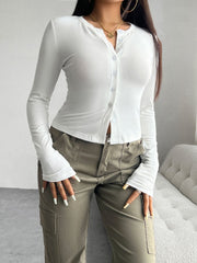 White button-up cardigan with crew neck and long sleeves