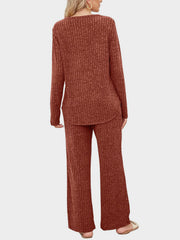 Ribbed knit lounge set in Terracotta, featuring a long sleeve top and wide leg pants.
