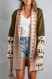 Brown open-front knit cardigan with geometric trim on the collar and sleeves.