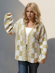 Checkerboard knit open-front cardigan in tan and white with a relaxed fit.