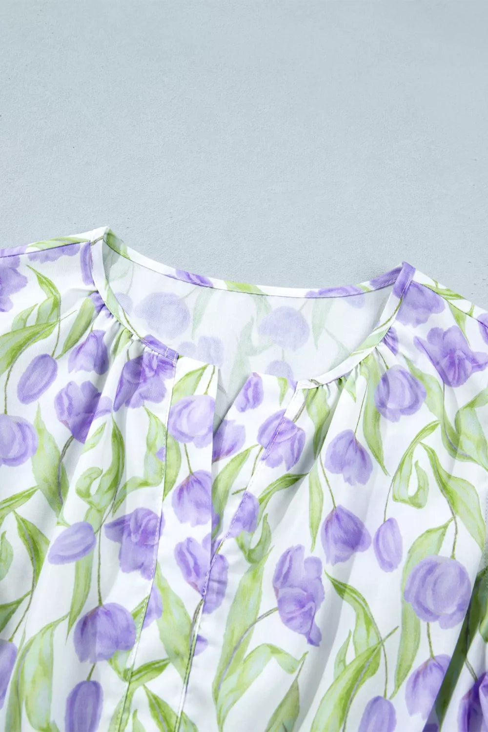 Lavender tulip print midi dress with gathered neckline and slit detail