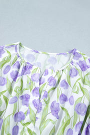 Lavender tulip print midi dress with gathered neckline and slit detail