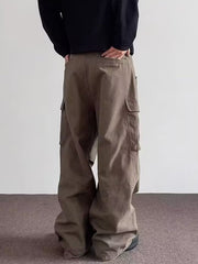 Men's brown baggy cargo sweatpants with multiple pockets.