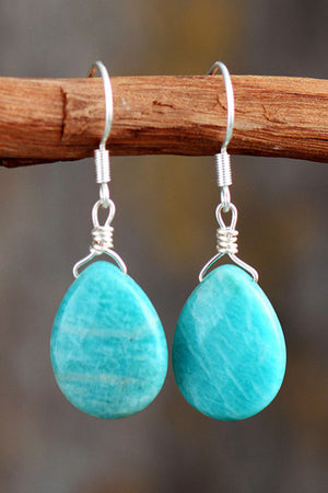 Sky blue amazonite teardrop earrings with 925 silver wire wrap detail.