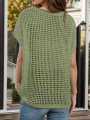 Moss open-knit boxy top with short sleeves and pockets