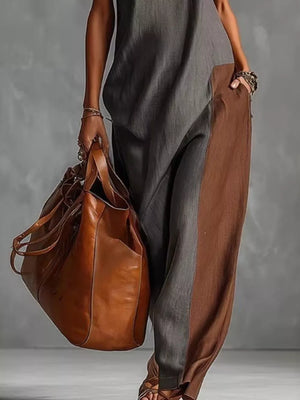 Color Block Mock Neck Sleeveless Maxi Dress Plus Size in Dark Gray, close-up detail