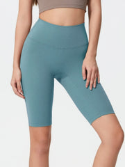 Teal active bike shorts with a high waist and seamless design.