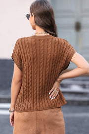 Caramel cable knit cap sleeve top with textured knit detail