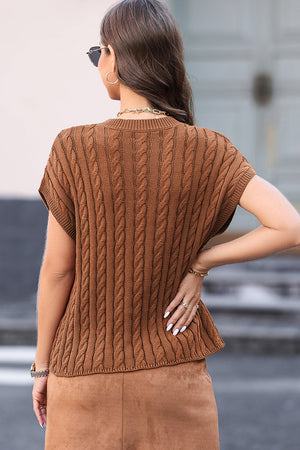 Caramel cable knit cap sleeve top with textured knit detail
