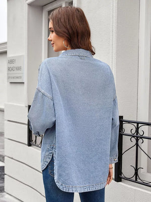 Light blue denim trucker jacket with button-down front and chest pockets.