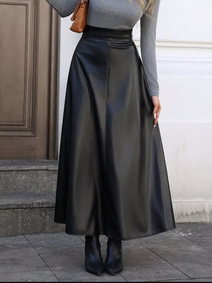 Black leather-like A-line midi skirt with central seam detail