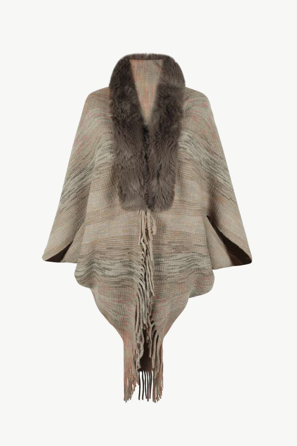 Textured knit cape in tan with faux fur collar and fringe detail.