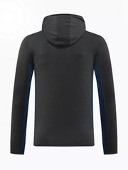 Men's dark gray hooded sweatshirt with Ink Blue side panels and textured fabric.