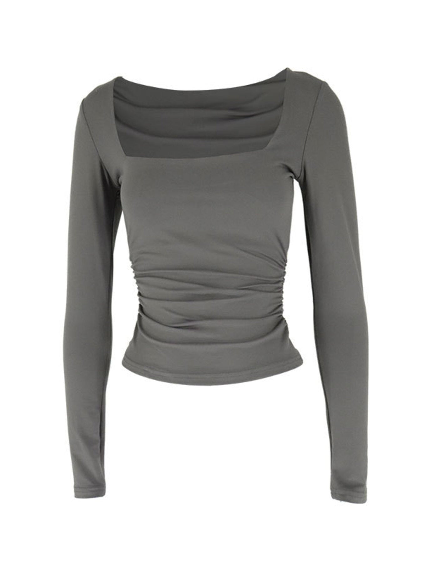 Gray long sleeve slim fit t-shirt with square neckline and ruched side detail.