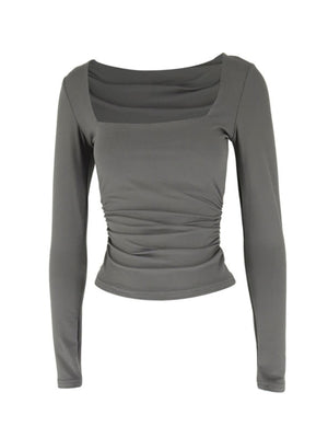 Gray long sleeve slim fit t-shirt with square neckline and ruched side detail.