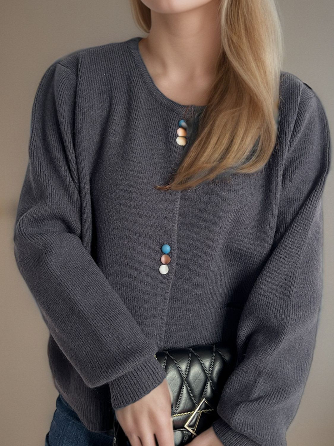 Dark Gray ribbed knit cardigan with playful colorful buttons, crew neck, button-up closure.
