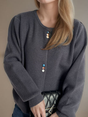 Dark Gray ribbed knit cardigan with playful colorful buttons, crew neck, button-up closure.