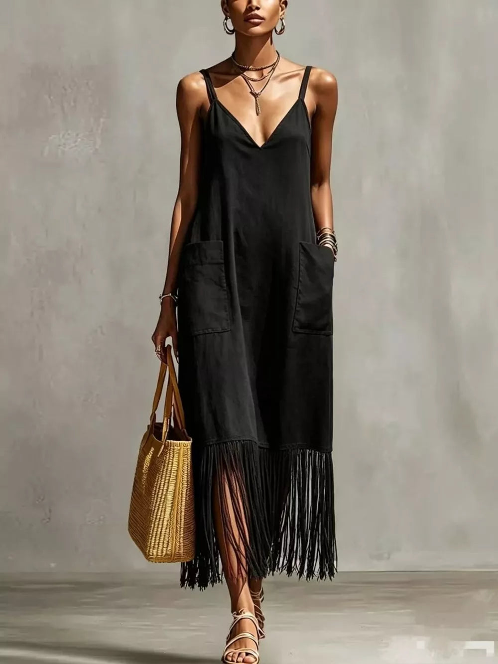 Black v-neck maxi dress with fringe hem and pockets