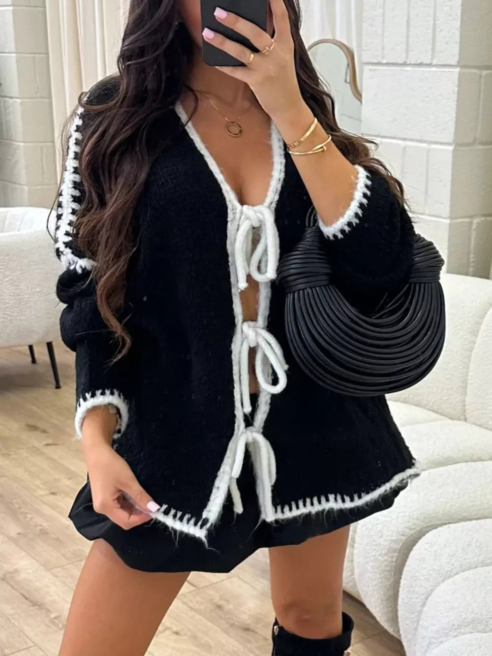Tie Front Drop Shoulder Cardigan in White, fit detail