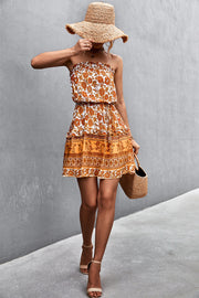 Caramel floral print bandeau mini dress with smocked waist and tiered hem