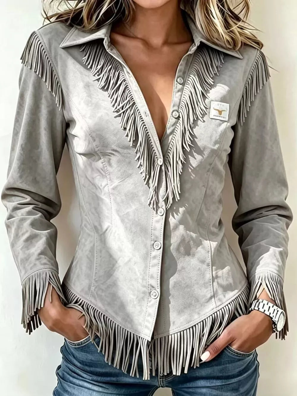 Full Size Fringed Collared Neck Shirt Plus Size in Pink, product detail