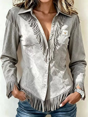 Full Size Fringed Collared Neck Shirt Plus Size in Pink, product detail