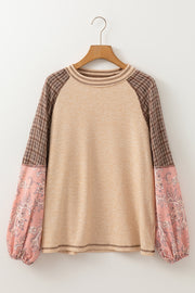 Paisley puff sleeve raglan tee in beige with plaid and paisley print sleeves.