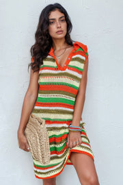 Striped crochet polo mini dress with orange collar and button detail.
