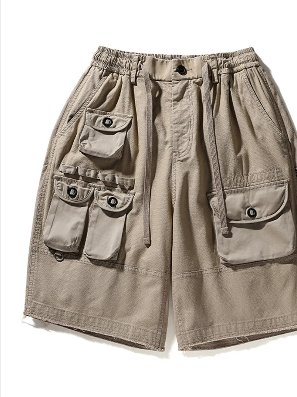 Khaki men's cargo shorts with drawstring waist and multiple utility pockets.